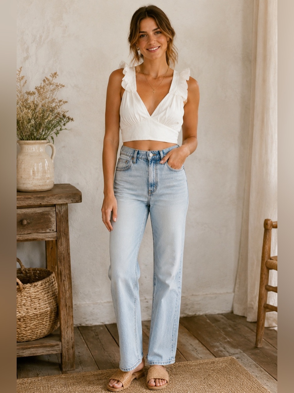 By Anthropologie Ruffled Surplice Smocked-Back Crop Top